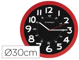 Reloj de pared Q-Connect marco rojo esfera negra 30 cm.